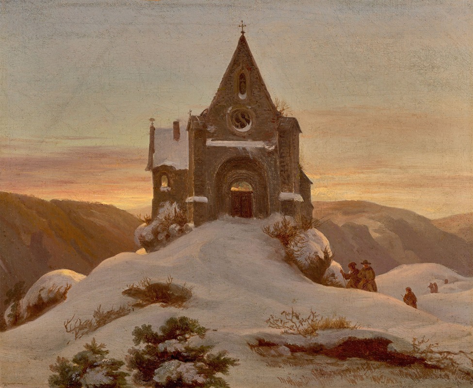 the image is a painting depicting a ruined church on a snowcovered hill at sunset in winter. the scene is dominated by the gray stone church, which has a tall, pointed spire topped with a cross. snow covers the roof and the ground around the church. the sky is a blend of orange, pink, and gray, suggesting a setting sun. several small figures are seen in the snowy landscape, adding a sense of scale and human presence. the mountains are visible in the background. the painting evokes a sense of melancholy and the passage of time, typical of romanticism.