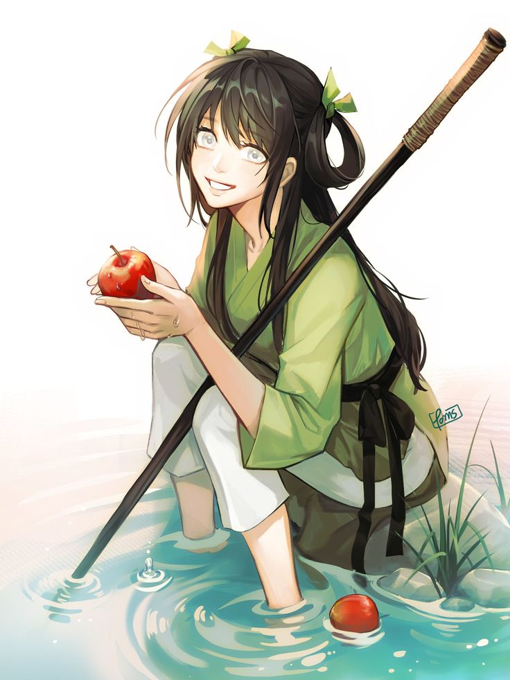 the illustration depicts a young animestyle woman with long dark hair tied up with green ribbons.  she's dressed in a light green and white traditional asianinspired outfit, possibly a hanfu or kimonolike garment. she's sitting barefoot in a shallow stream or river, holding a red apple. a long, dark staff rests across her shoulders, suggesting a possible martial arts or spiritual element to her character. her expression is gentle and smiling.  the overall tone is peaceful and serene, with soft lighting and a calm atmosphere. the artist's signature is faintly visible in the lower right corner. a second apple rests in the water near her feet.