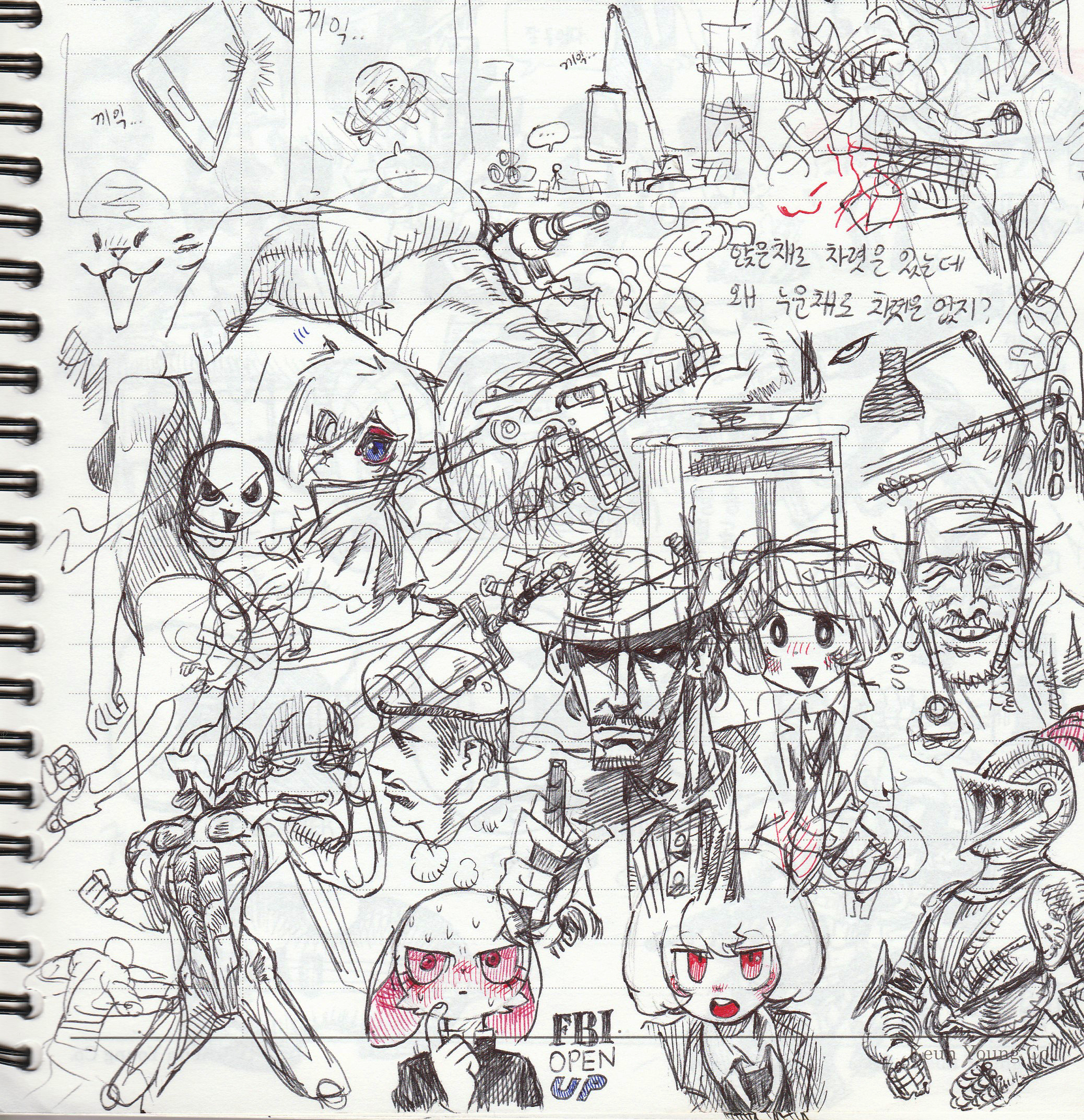 the image is a doodlestyle drawing filled with various characters, figures, and abstract shapes. it seems to be drawn in a notebook, and the lines are messy and chaotic, adding to the whimsical and imaginative nature of the art. there are several distinct characters with different expressions, some with prominent facial features, and some obscured or blended with the background. the drawing seems to be a collection of random ideas and thoughts, and its chaotic and playful nature is evident. there is also a text "fbi open up" written at the bottom.