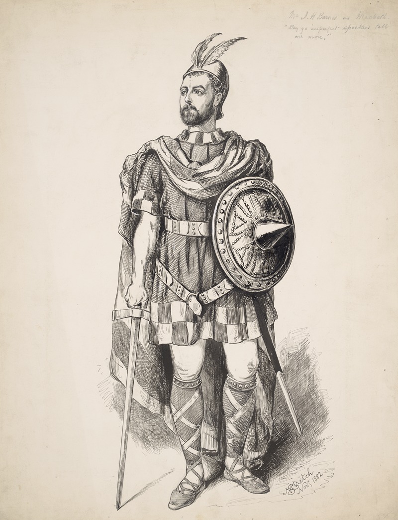 a black and white sketch of a man dressed as a warrior. he has a beard and is wearing a feathered helmet. he is wearing a tunic, cape, belt, leg wrappings, and sandals. he is holding a sword in his left hand and has a shield on his right arm. the shield is round with a pointed center.