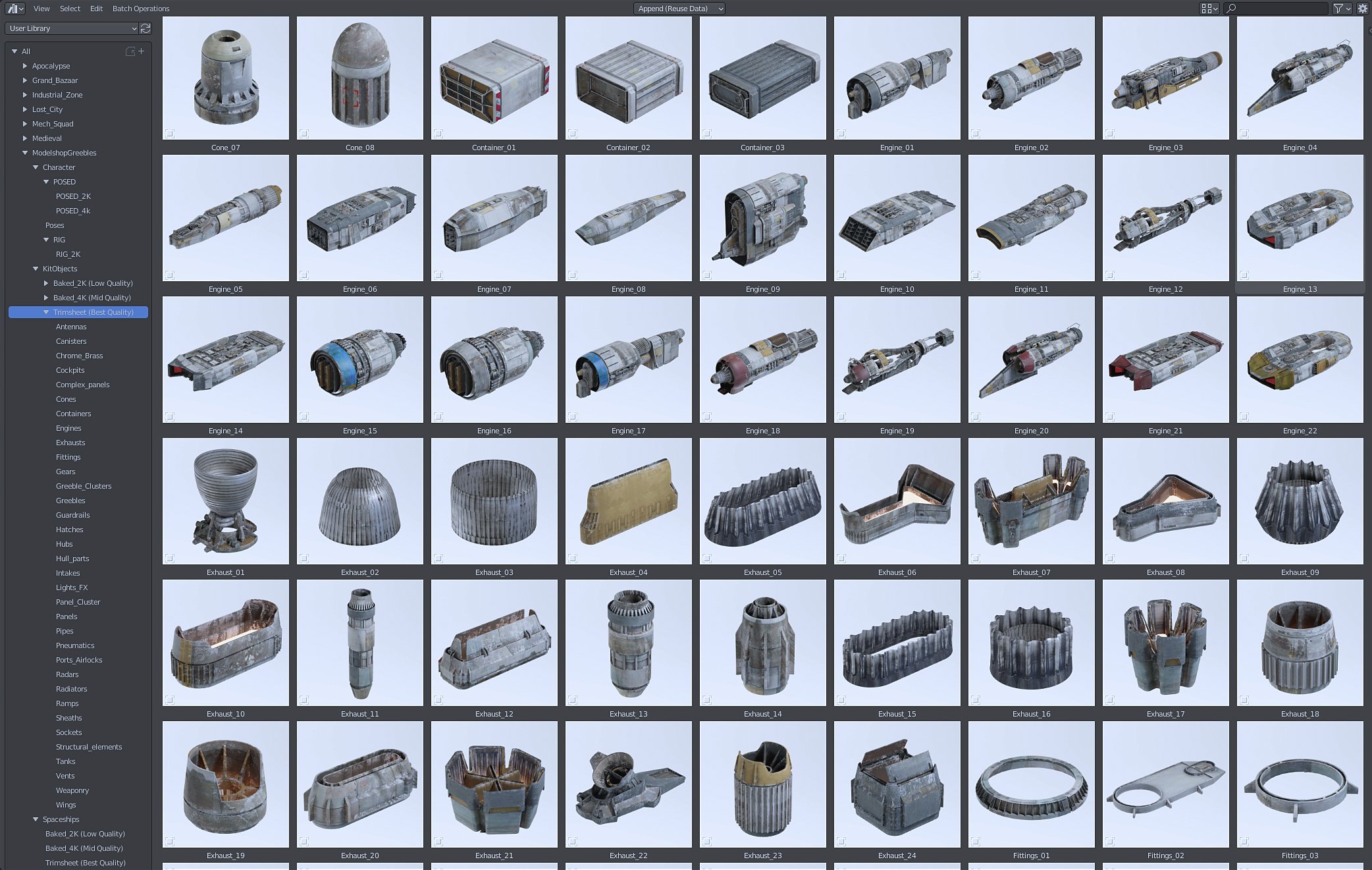 the image displays a screen capture of a 3d modeling software or game asset browser.  the interface shows a vast library of meticulously detailed 3d models categorized into various spaceship components such as engines, exhausts, containers, and other miscellaneous parts.  each model is presented in a small square thumbnail, with labels clearly indicating the type and number of each asset.  the lefthand side shows a hierarchical structure browsing and filtering through assets with names such as apocalypse, grand bazaar, industrial zone, etc., further classifying the models into themes or sets.  the level of detail varies across the models, indicating possible options for varying levels of polygon count or quality levels (low, mid, high).  the overall aesthetic suggests a scifi setting or environment.