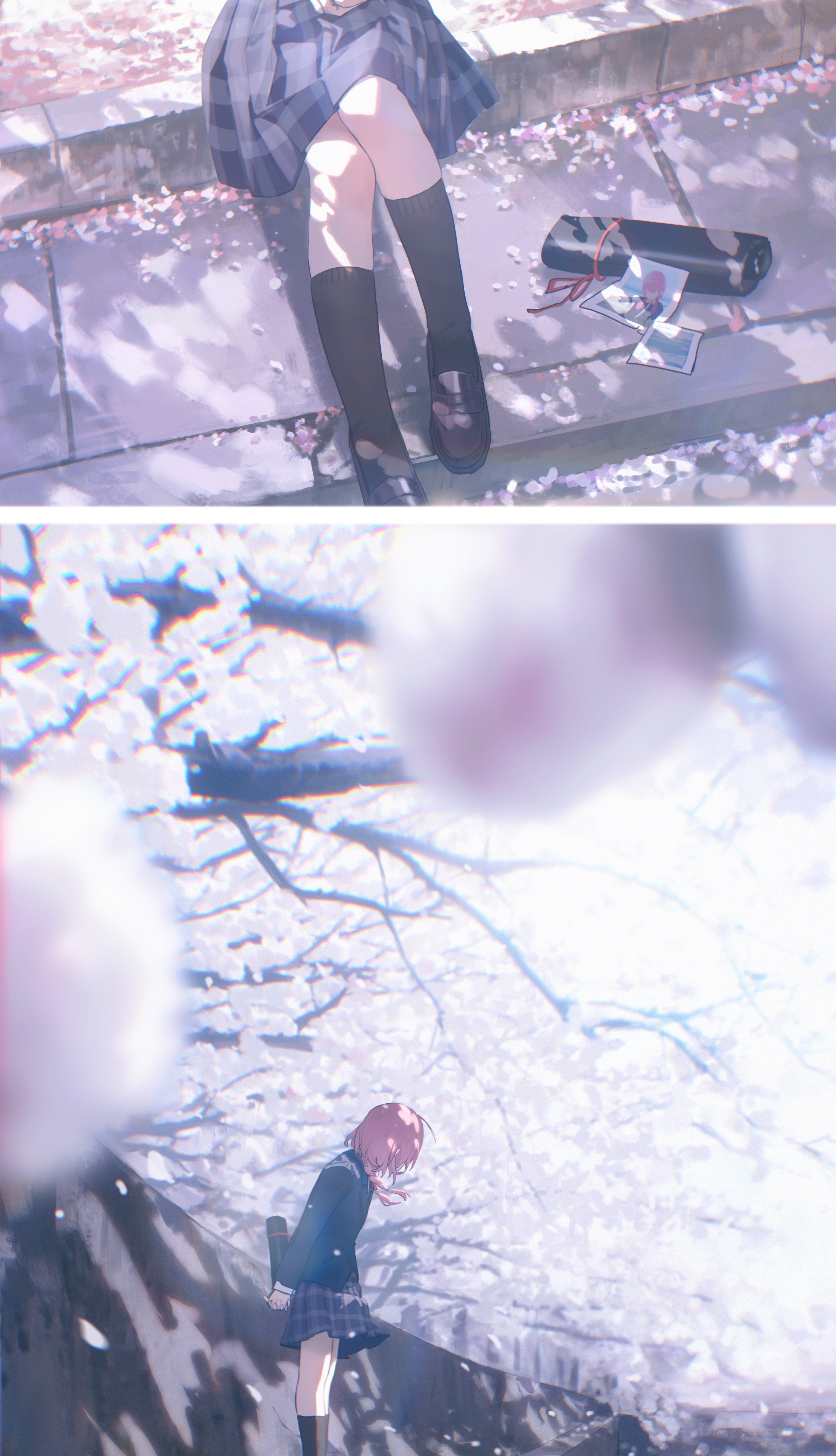 the image shows two scenes of an anime girl. the top scene is a closeup of a girl sitting on steps, wearing a school uniform with a plaid skirt, black knee socks, and brown school shoes with a flower detail. a black violin case and scattered photos are next to her. pink cherry blossom petals are scattered around. the bottom scene features a fullbody view of the same girl standing beneath cherry blossom trees. she wears the same uniform and is holding the violin case. the scene is bathed in soft light, with blurred cherry blossoms in the foreground.