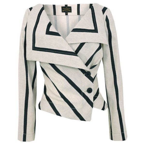 a woman's striped linen jacket with a wide lapel and two buttons is shown. the jacket is beige with black stripes and has a fitted silhouette. the lapel is wide and folded over, and the jacket has two buttons on the front. the jacket has long sleeves.