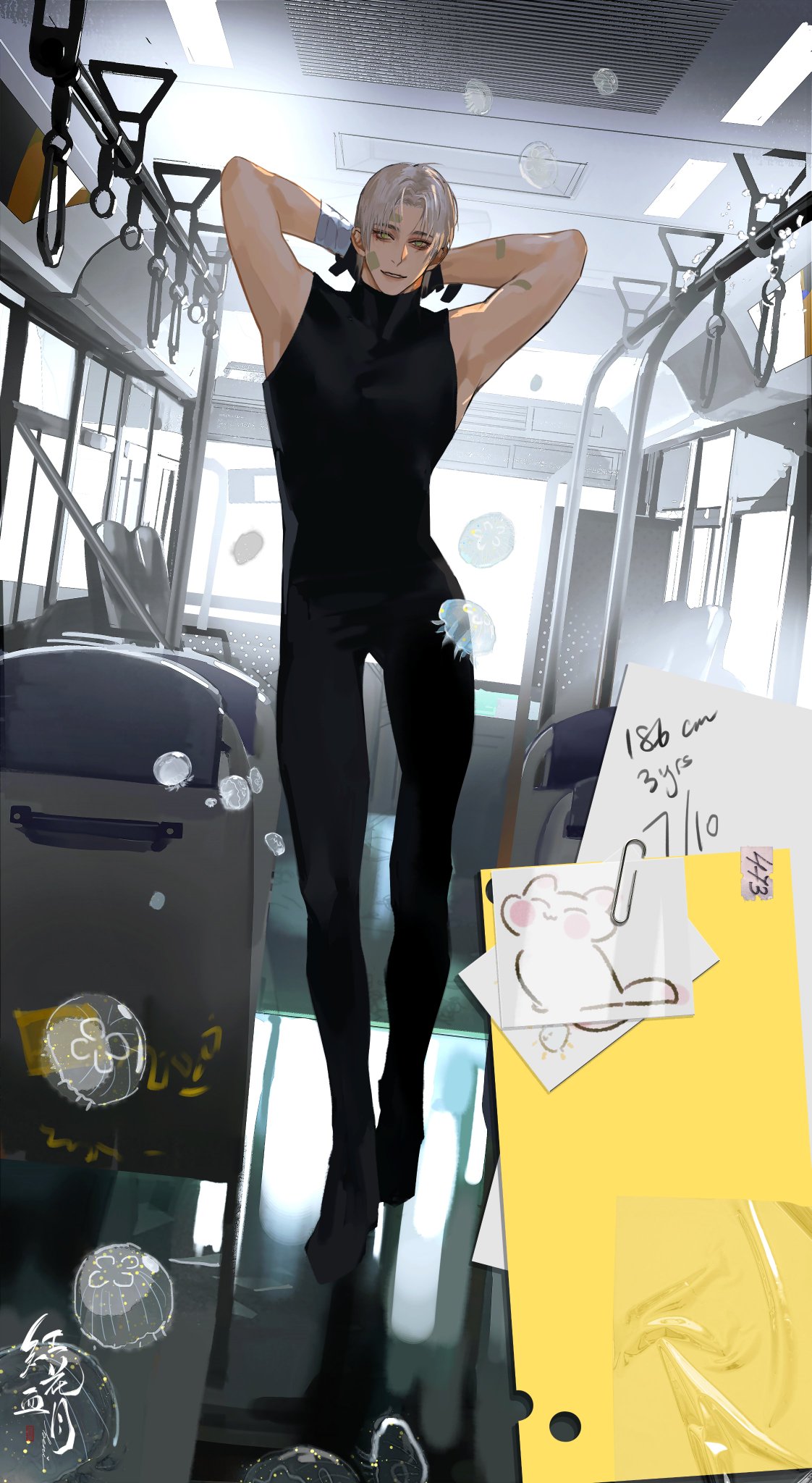 an anime boy with white hair is standing on a bus. he is wearing a black shirt and black pants, he is holding a black object in his right hand. the bus is empty, but the floor is covered with white reflections. there is a yellow paper with notes written in black marker on the right side of the image.