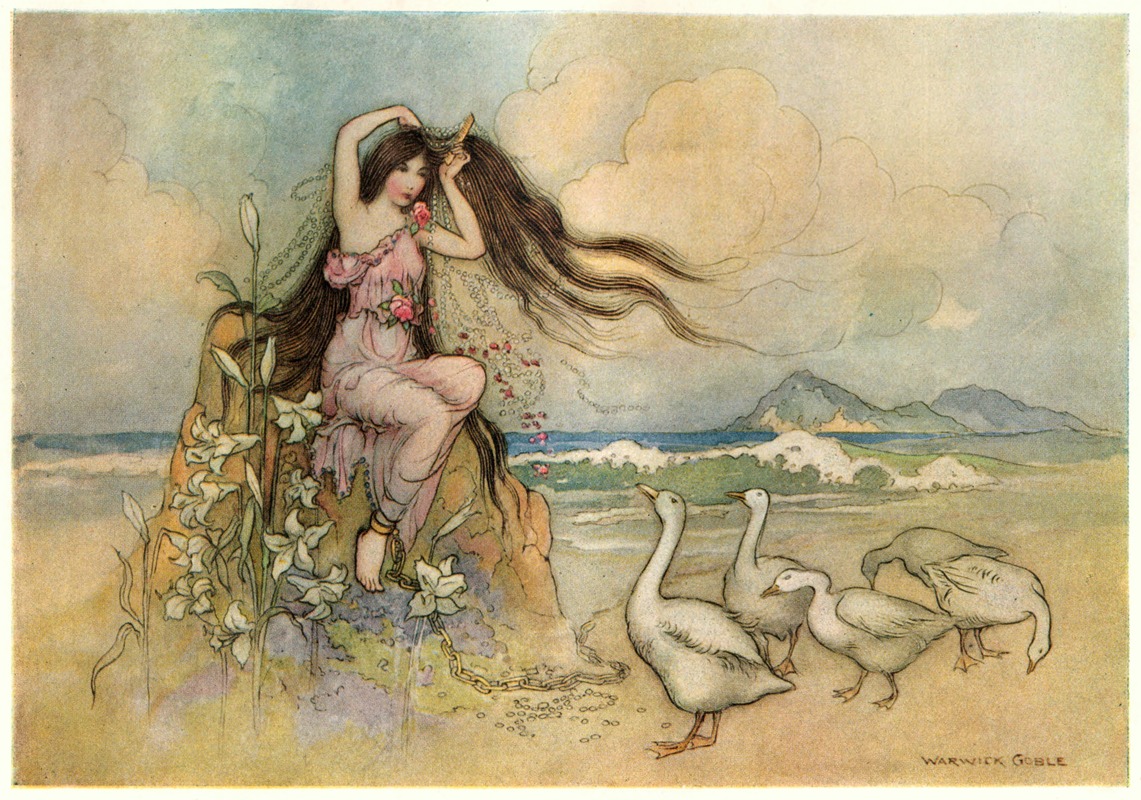 a woman with long brown hair sits on a rock by the beach, combing her hair. she is wearing a pink dress adorned with roses. a chain is attached to her ankle. geese are standing on the beach in front of her. in the background, there is an ocean with waves, islands, a sky, and clouds. the image is an illustration by warwick goble.