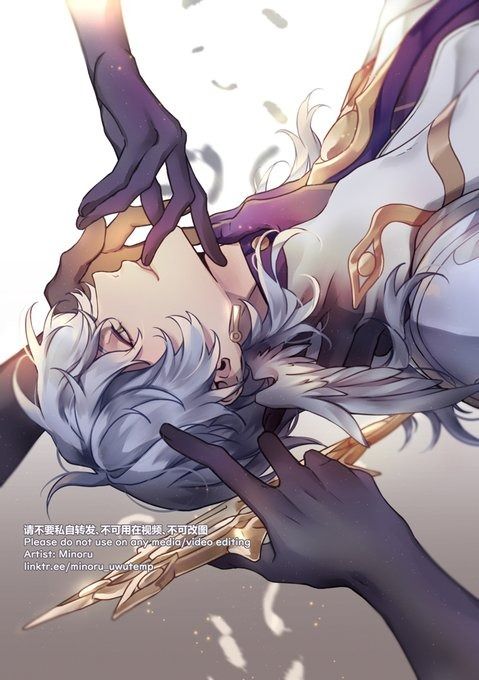 he image is a digital painting or illustration in an anime style. it depicts a young man with long, flowing blue and silver hair lying down. he appears to be ethereal or otherworldly, possibly deceased. his clothing is ornate and elegant, featuring gold and purple accents. two dark, mysterious hands are gently touching him. the overall mood is sorrowful and delicate. the background is light and airy with feathers or winglike elements surrounding the figure. the art style is precise and highly detailed, with a focus on smooth lines, soft shading, and a sense of movement. the image is visually stunning and has a high quality aesthetic.