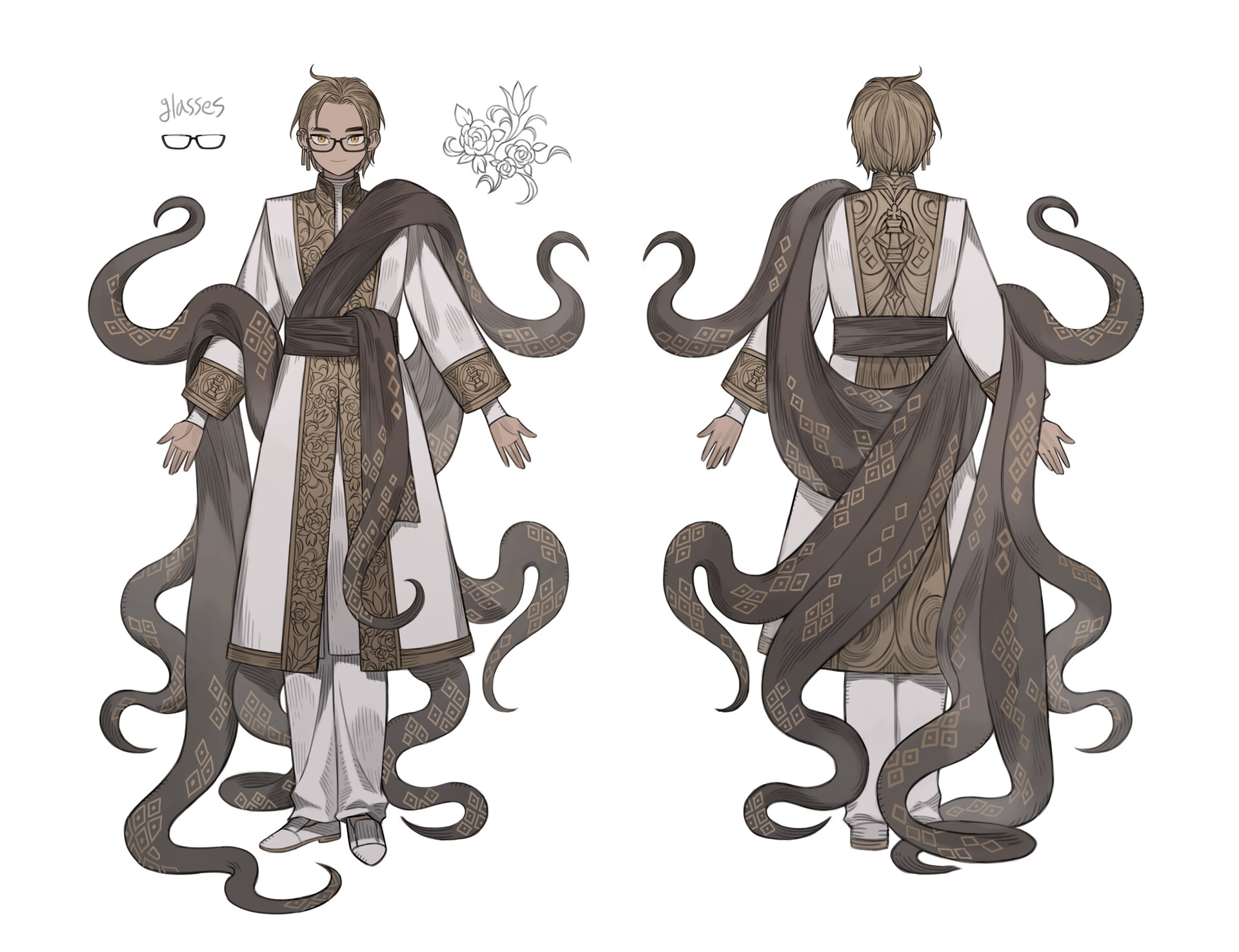 a digital illustration showcasing front and back views of a young man. he is dressed in an elaborate white, black, and gold outfit with an octopus kraken motif.  the octopus tentacles appear to be part of his shawl and wrap around his arms and torso. the image provides a detailed look at the character's attire, complete with floral and geometric patterns. there is also a small detail showing the character's glasses at the top left.