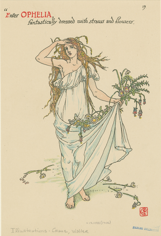 the image is an illustration depicting ophelia from shakespeare's play hamlet. she is shown standing, fantastically dressed with straws and flowers, in a flowing white gown. she holds a bouquet of flowers in one hand and shields her eyes with the other. the text above her reads "enter ophelia, fantastically dressed with straws and flowers". the illustration is by walter crane and is labeled as part of a collection, with a year of 1904 noted.
