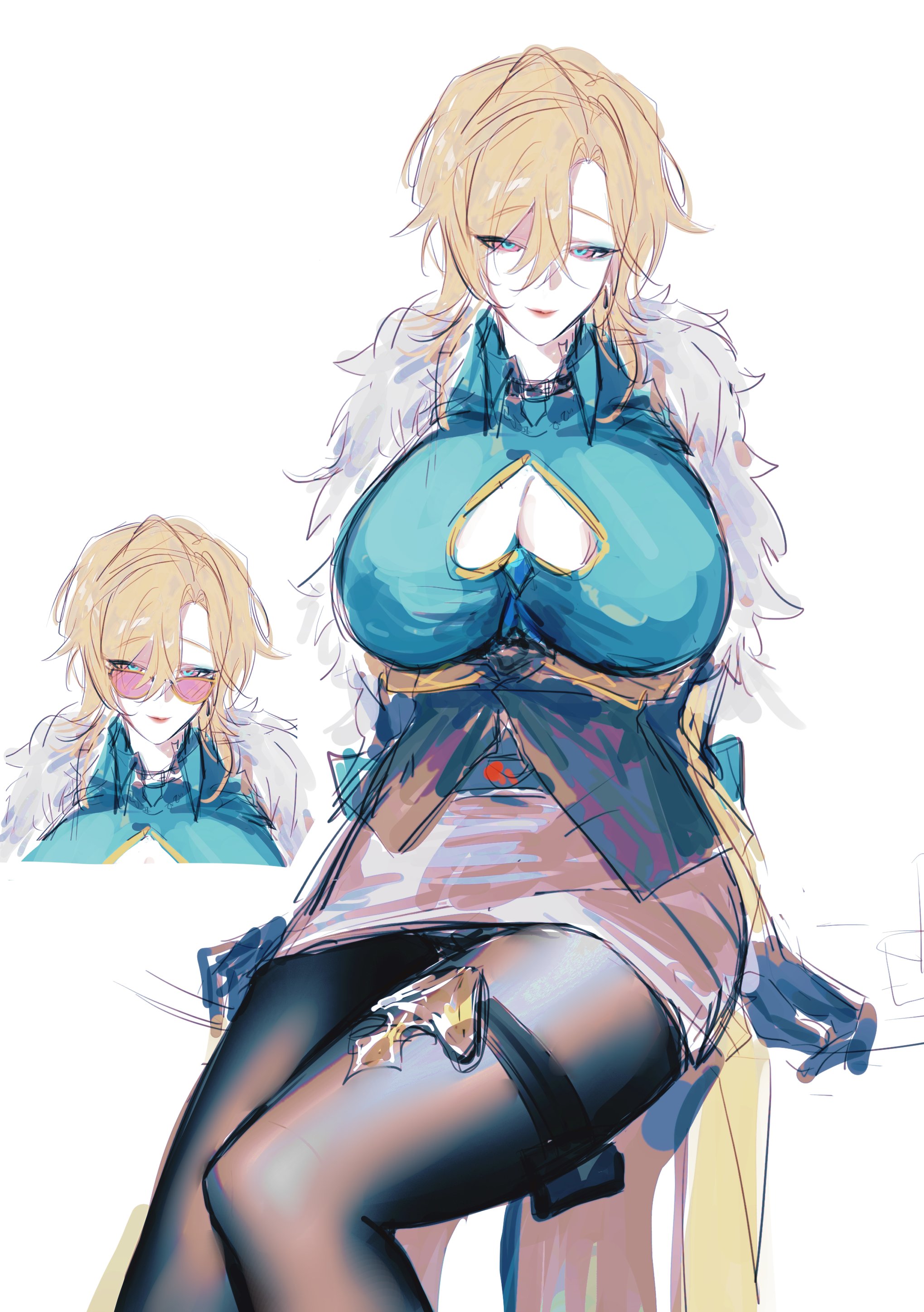 an anime girl with long blonde hair, wearing blue and yellow clothes, sits with her legs crossed. she has sunglasses on her face and is wearing fur around her neck. the art style is illustrative and the girl appears to be in her mid20s.