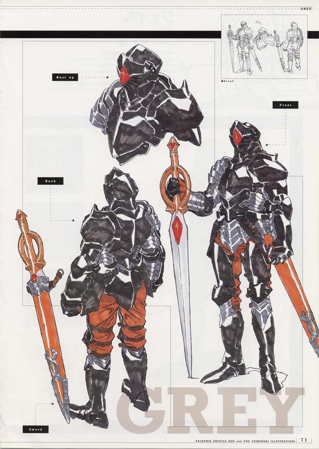 this is a character design sheet for a knight character named "grey". it is a digital illustration and includes the back, front, and top view of the knight. the knight is wearing black armor and holding a sword in his right hand. there are other small illustrations of knights, as well as the knight's weapon in the background. the image is labeled with "grey" in large black letters at the bottom.