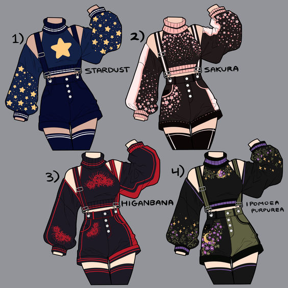 the image is a digital illustration showcasing four fashion outfit designs. each design includes a turtleneck top, overalls or shorts, and various patterns. the outfits are named "stardust," "sakura," "higanbana," and "ipomoea purpurea."