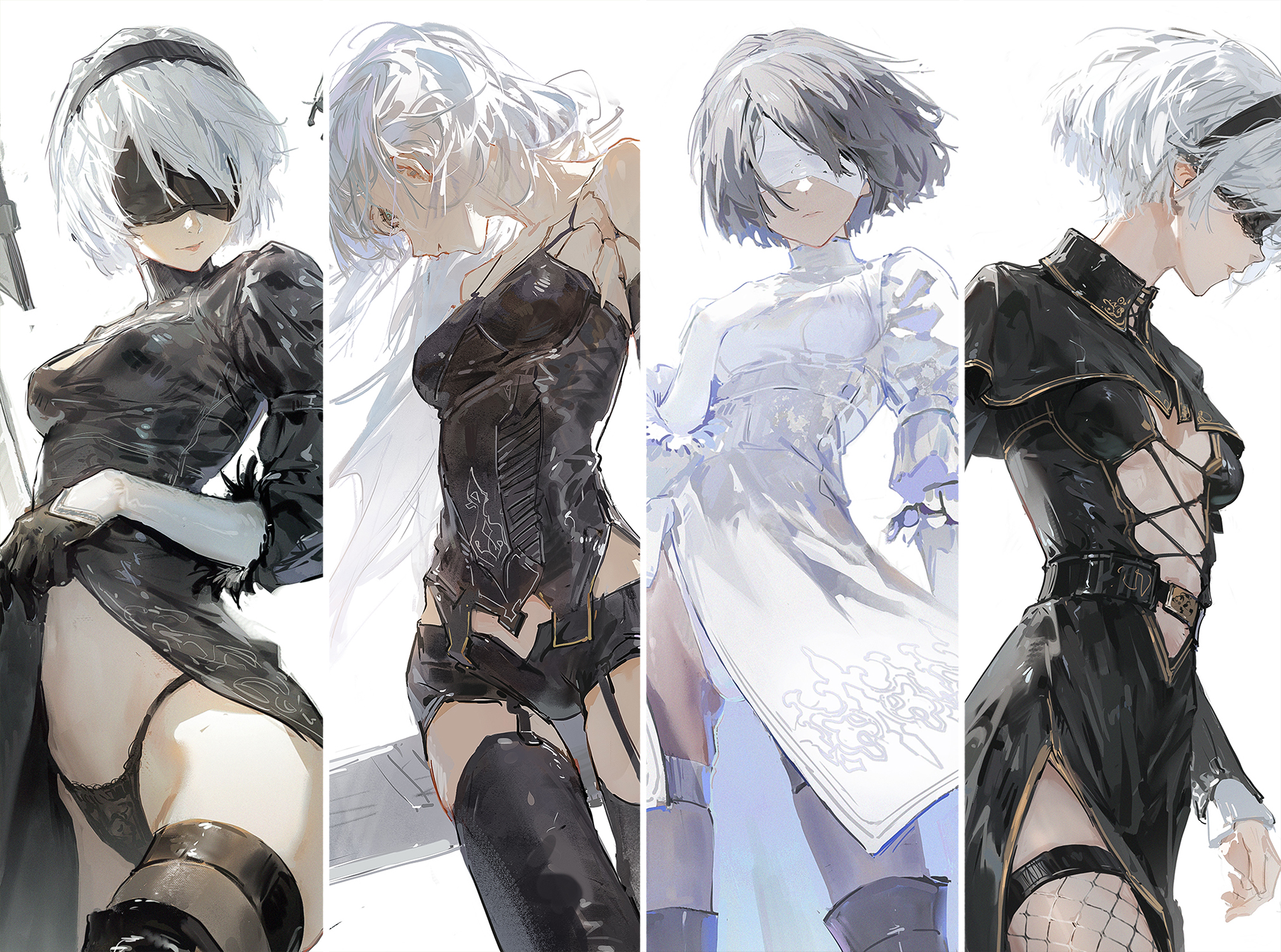 the image shows four different anime girls. they all have white hair and are wearing black and white outfits. the first girl on the left has short black hair, a black dress, and a black eye patch. the second girl has long white hair, a black dress with a black corset, and is wearing thigh highs. the third girl has short white hair, a white dress, and a white eye patch. the fourth girl has long white hair, a black dress with a corset and thigh highs. the image is drawn in a colorful and detailed style.
