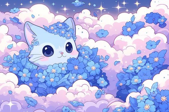 a cute anime cartoon cat with blue eyes and a pink nose is nestled in a bed of blue flowers. the cat is surrounded by pastel pink and purple clouds and stars. the image is very sweet and adorable.