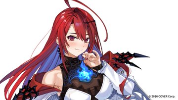 the image features a closeup illustration of a female anime character. she is depicted with vibrant red hair and striking blue eyes. her attire consists of a white and black outfit with red accents, hinting at a fantasy or combat theme. notable details include a blue flamelike element on her chest and a spiked gauntlet on her left arm. her expression is confident with a hint of mischief.