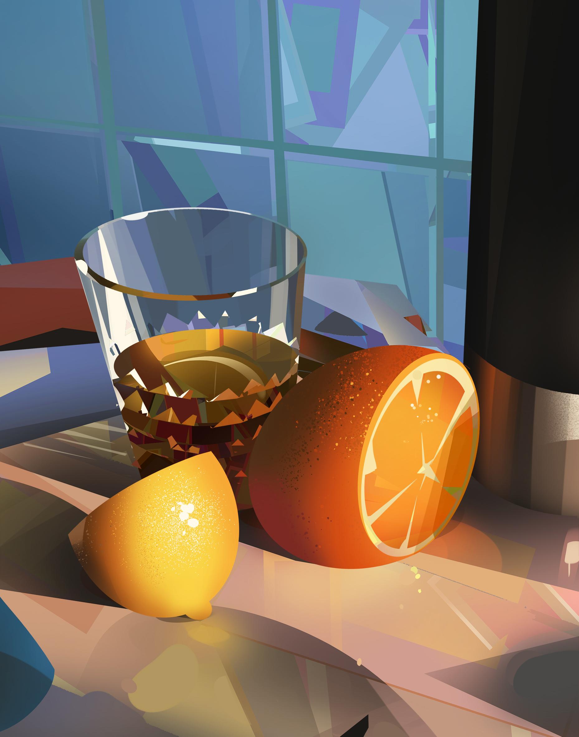 a digital painting of a still life featuring a glass of amber liquid, half an orange, and a lemon wedge, set against an abstract blue and gray background, possibly depicting a window. the scene is illuminated with warm, stylized lighting, creating a strong contrast between light and shadow. a black object is partially visible on the right edge of the frame.