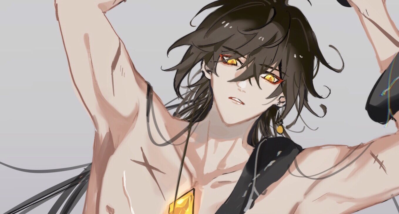 this is a digital illustration of a male anime character. he has dark brown hair that is styled in a way that seems to be flowing around his face. he is wearing a black outfit and a necklace. he has a confident expression on his face, and his eyes are a bright yellow color. he is posing with his arms raised, showing off his muscles. the background is a light gray.
