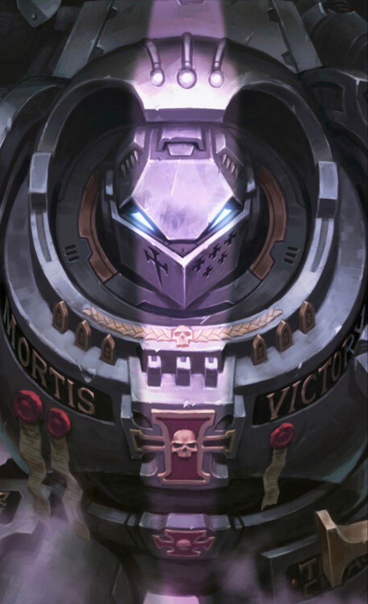 closeup of the upper torso of a space marine in ornate power armor. the armor is a dark grey with silver accents and features a skull emblem on the chest. the marine's helmet is also dark grey with a glowing blue visor and a skullshaped faceplate. the background is dark and smoky.