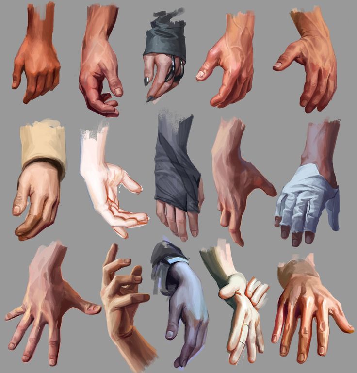 the image is a collection of hand studies, showcasing various hand poses and gestures from different angles. the illustrations appear to be digitally painted, using a subdued color palette and soft lighting to emphasize form and volume.