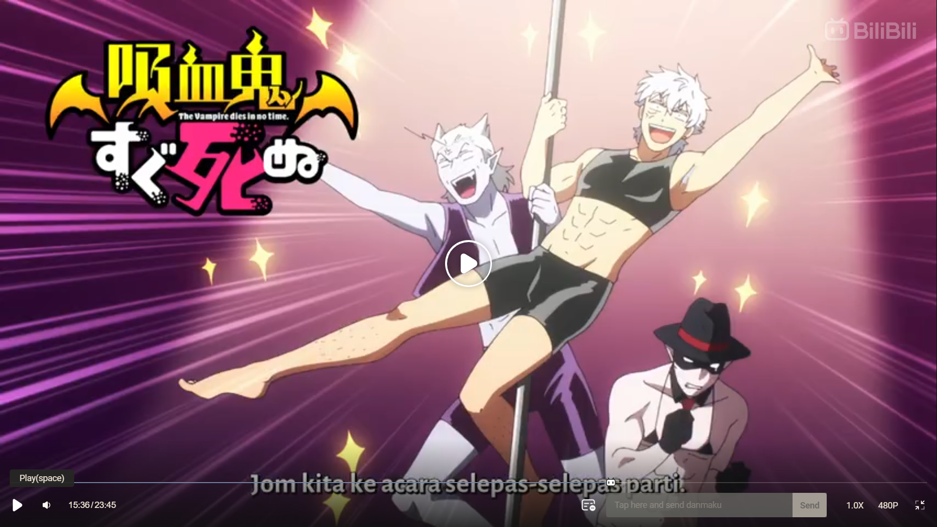 the image shows a scene from what seems to be an anime, featuring three men in the midst of a lively performance. two of them are engaged in pole dancing, showcasing their athleticism with enthusiastic expressions.  the background is a vibrant pink with radiating sparkles, enhancing the energetic atmosphere. the attire of the men, consisting of black shorts and minimal clothing, further accentuates the partylike setting. a text overlay reading "bilibili" suggests the image originates from a video platform.