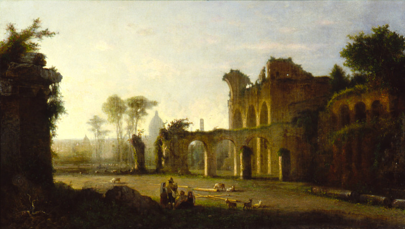 the image is a painting depicting a landscape of ancient ruins, presumably in rome. the scene features crumbling structures with arches, overgrown with vegetation. in the distance, there is a dome, suggesting a famous landmark. figures are present in the foreground, along with some livestock, including sheep and goats. the overall lighting creates shadows and highlights, adding depth to the composition. the scene conveys a sense of history, decay, and the interplay between nature and architecture.