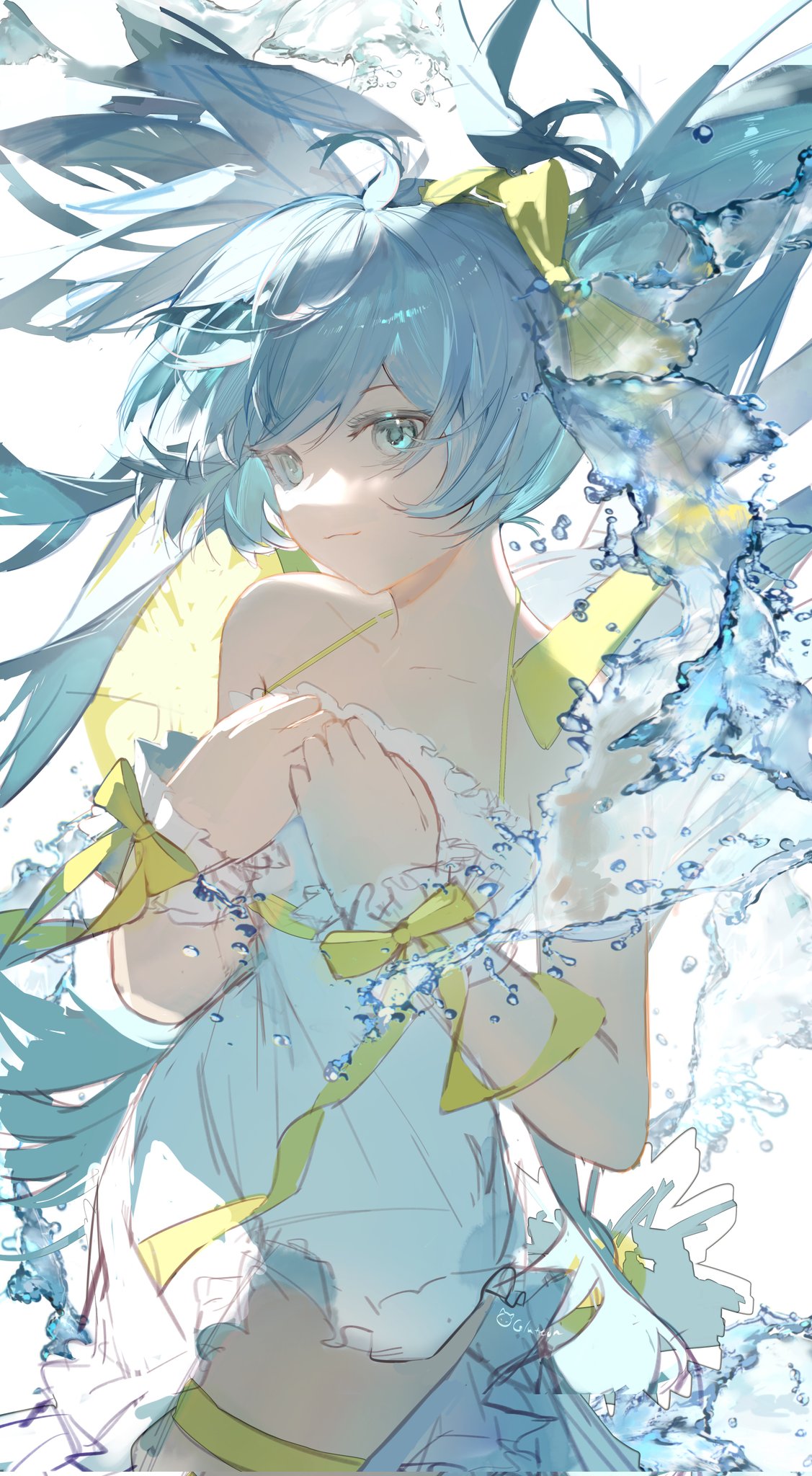 he image is a digital painting or illustration of an animestyle girl with long, flowing light blue hair styled in twintails adorned with yellow bows. she's wearing a light blue and white dress with ruffles, and her hands are clasped in front of her chest. the girl is surrounded by splashes of water, giving the impression of a refreshing summer scene. the art style is soft, pastel, and ethereal, with a focus on delicate lines and light colors. the overall mood is cute, pretty, and whimsical.