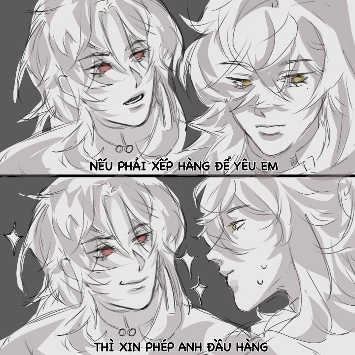 this is a digital drawing of two anime boys, with white hair. the boy on the left has red eyes and is blushing. the boy on the right has yellow eyes and also has a blushing expression. both boys look like they're in love. the image is in a sketch style, and looks like it's in progress. the text on the images reads, "if i have to line up to love you," and "i would allow myself to be in the front."