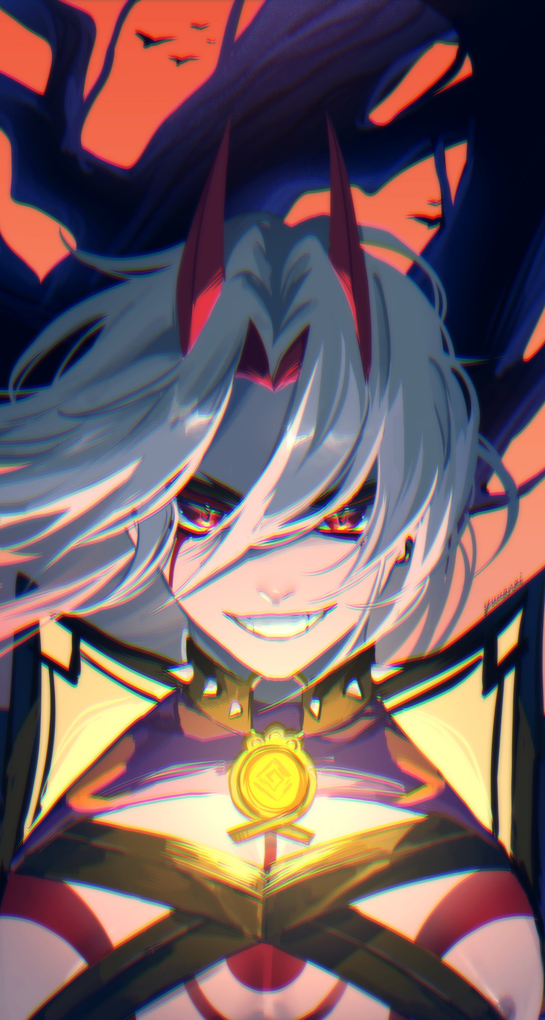 a digital illustration of an anime girl with red eyes and white hair. she is wearing a black cloth with red horns on her head and a gold necklace. she is smiling and has a happy expression. the background is dark and mysterious, which gives the image a sense of evil. the image is welldrawn and detailed, and the colors are vibrant and engaging.