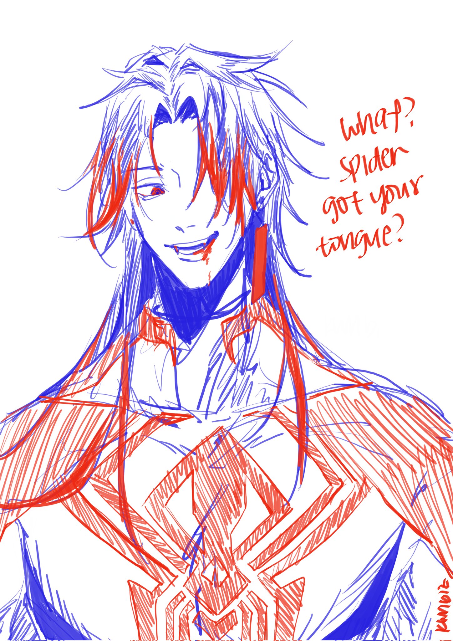 a sketch of a man with long black hair, with a spiderweb pattern covering his chest. he's smiling, and in the top right corner of the image, there is red text that says "what? spider got your tongue?"