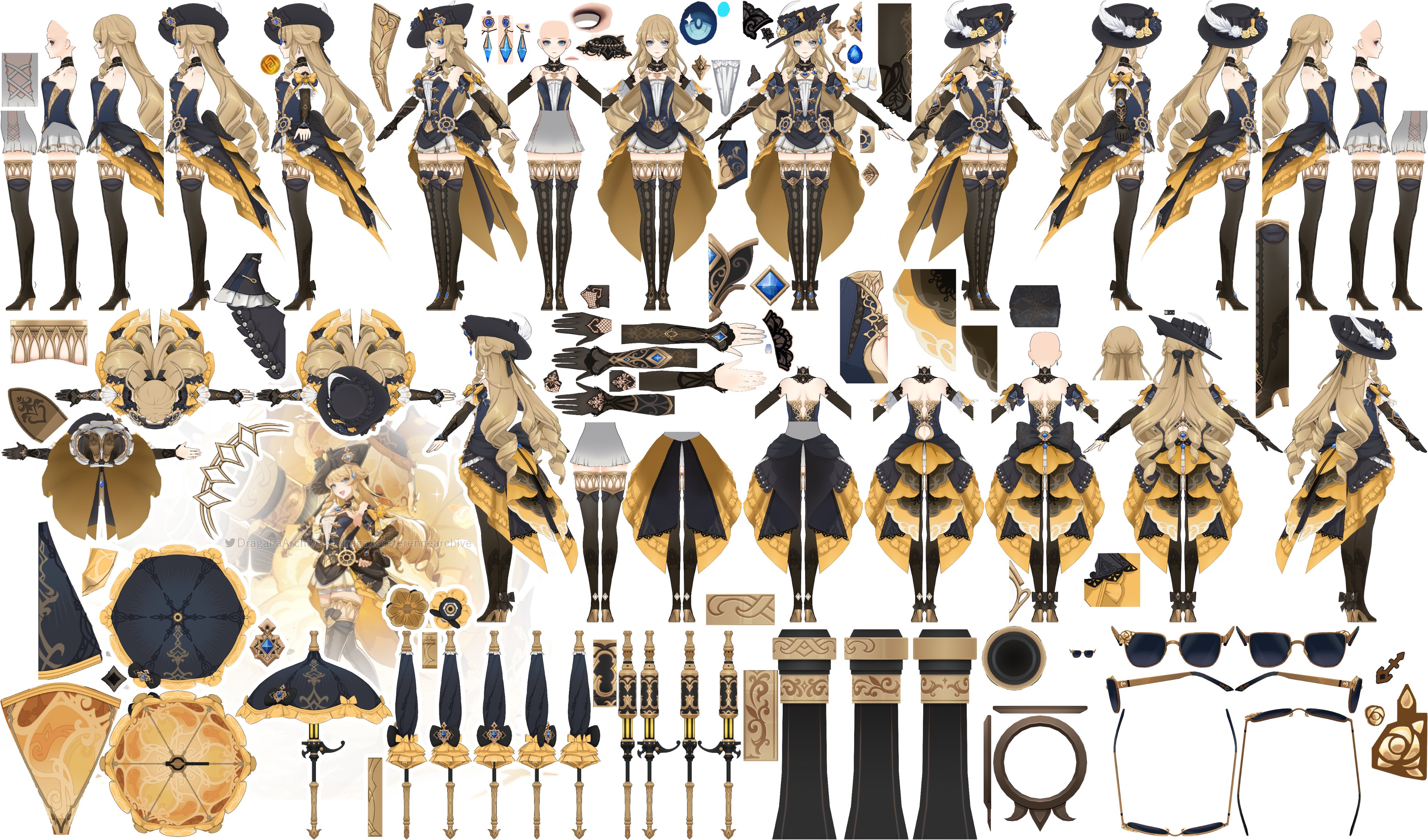 the image shows a detailed breakdown of a female character design, likely for a video game or fantasy illustration. she wears an elaborate outfit with a black, gold and white color scheme, and accessories like a hat, monocle, and thighhigh boots. the various elements of her costume, including her clothing, hair, weapons, and other accessories are separated and laid out for easy viewing, as if ready for animation or 3d modeling.