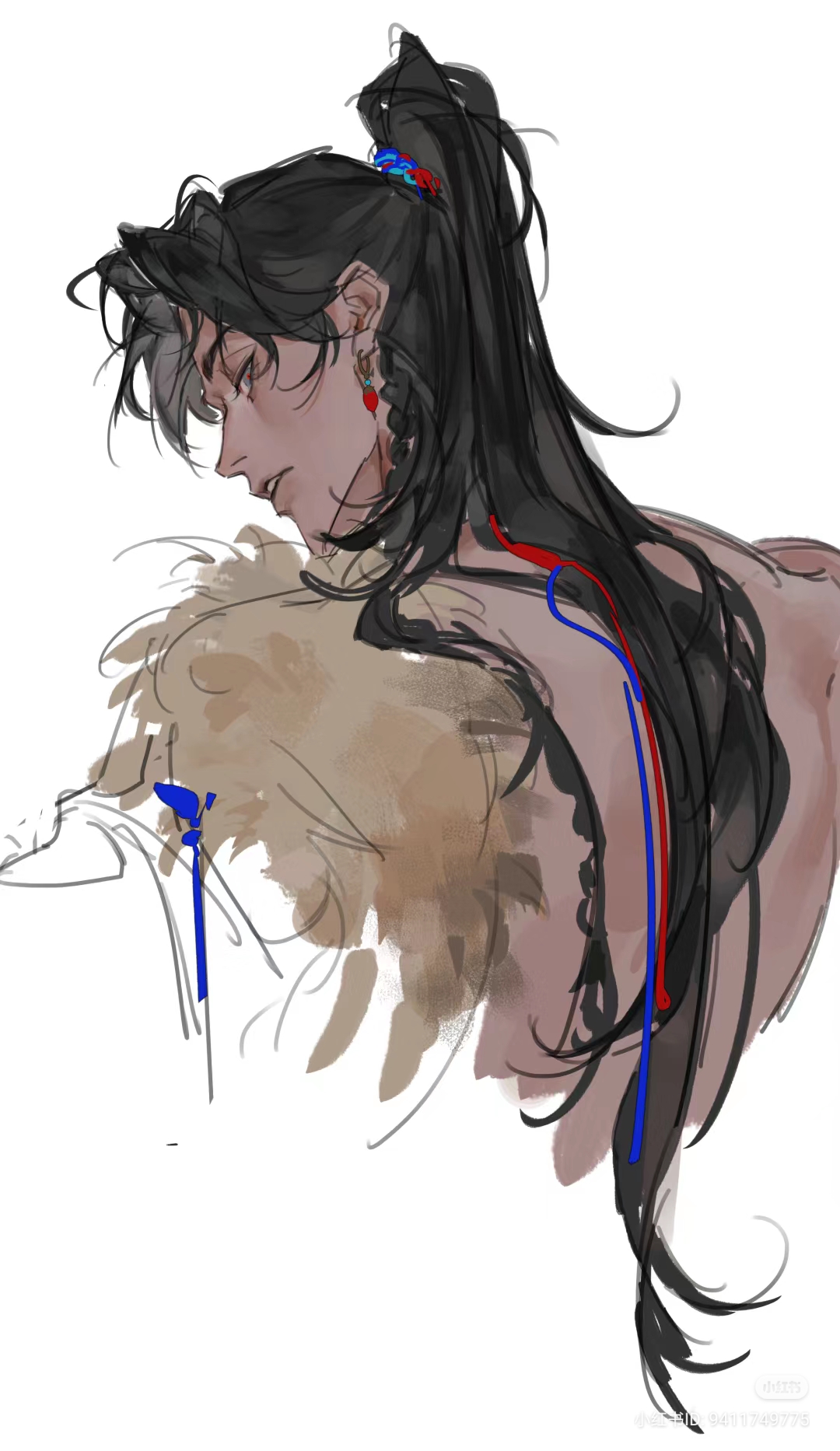 this is a digital sketch or illustration of a male character, likely from a manhwa or manga. he is depicted in a side profile view, showcasing his long, black hair styled into a high ponytail. a single streak of white hair stands out against the black. he wears a fur collar over an undefined garment, and a red string can be seen trailing down his back, disappearing into his hair. his expression is serious and contemplative. the style of the artwork is loose and expressive, with visible brushstrokes and unfinished elements, suggesting it is a work in progress.