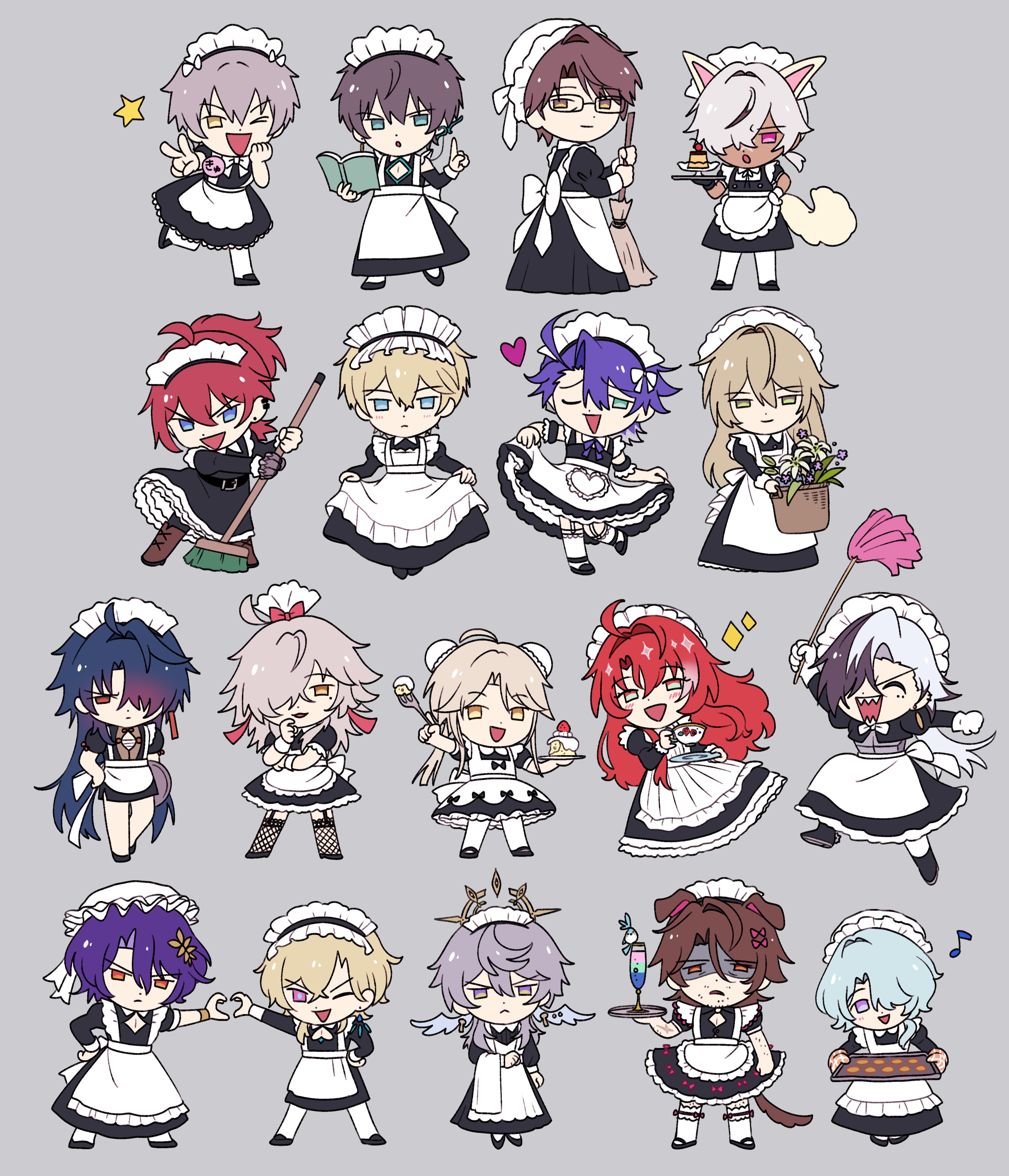 he image contains a collection of 20 adorable chibistyle anime characters dressed as maids. each maid has unique features, hairstyles, and accessories. they are all depicted in a cute and charming manner, with expressive faces and poses. the background is a simple, neutral gray, allowing the colorful characters to stand out. the style is consistent throughout, suggesting that it is from a single artist or game.  the maids hold various items, including cleaning supplies, desserts, and flowers, adding to the diverse and engaging nature of the image.