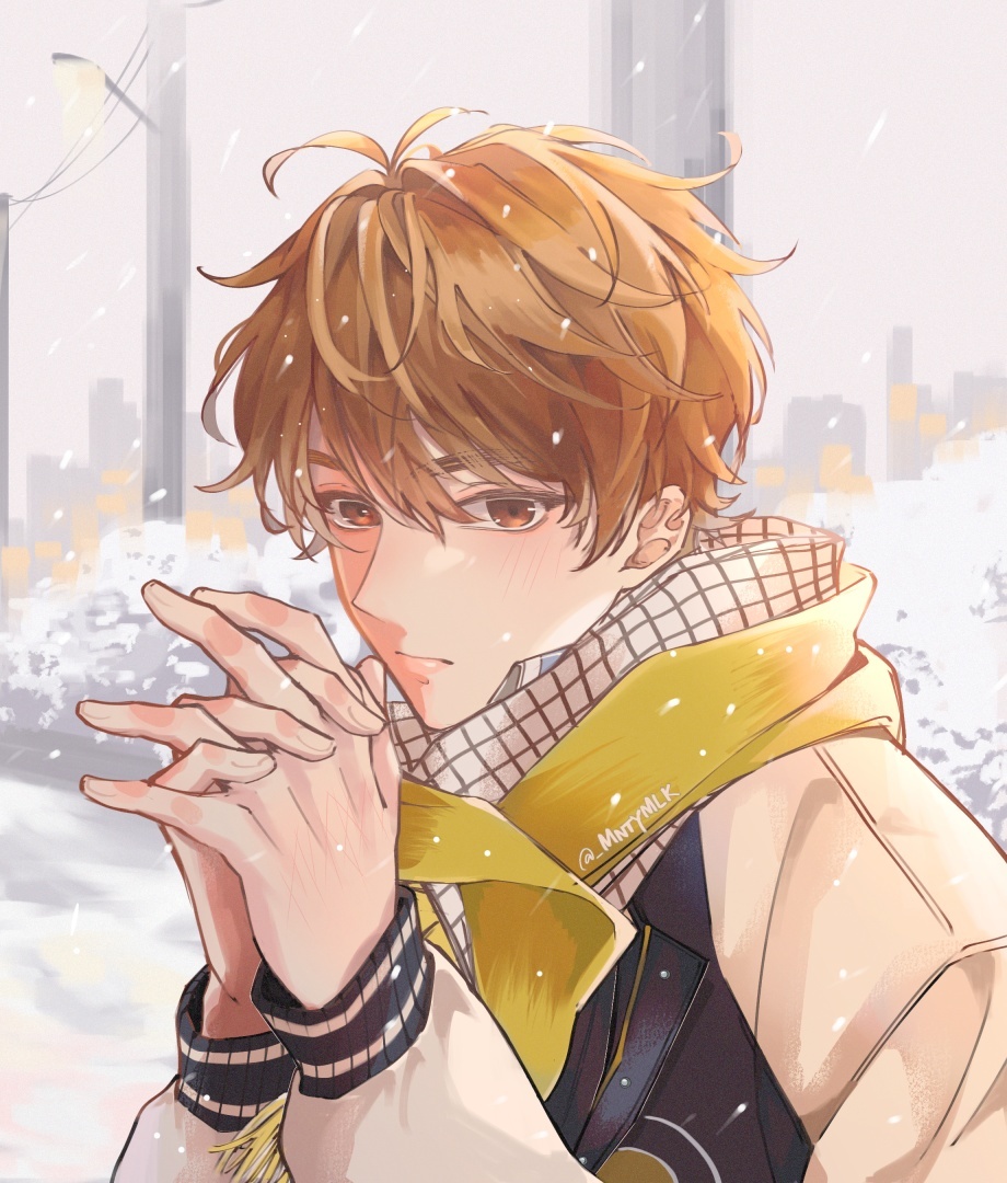 the image is a digital drawing or fanart of an animestyle boy. he has light brown hair, and is wearing a beige coat and a yellow checkered scarf.  he's standing outdoors in a snowy city setting, and appears to be warming his hands together. the art style is soft and slightly painterly, with a focus on soft colors and gentle lines. the background depicts a cityscape in the distance. the overall mood is peaceful and melancholic.