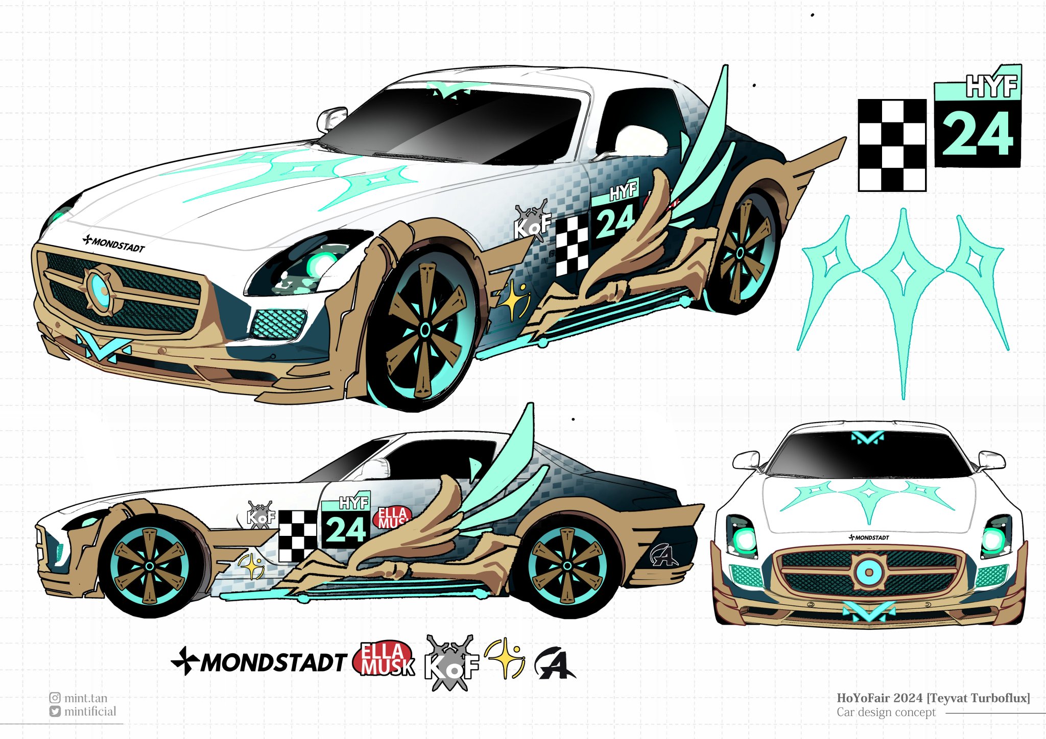 this is a digital illustration of a car design concept for the hoyofair 2024 event called "teyvat turboflux". the car is inspired by the genshin impact game, specifically the region of mondstadt. it features a white and blue color scheme with a stylized design, including wings, a kof logo, and the character ella musk's signature. the car also has a number 24 on the side, indicating its race number. the image is a digital illustration.