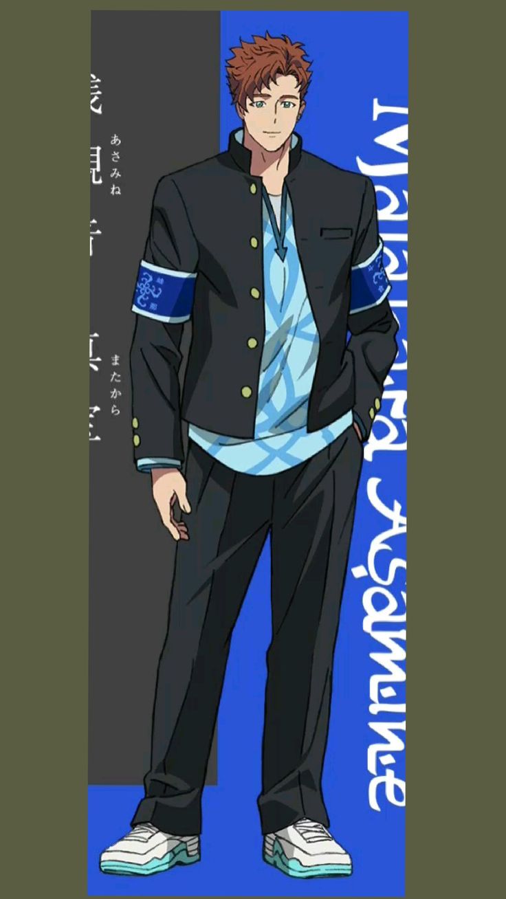 this is an illustration of an anime boy wearing a school uniform. he is standing with a neutral expression, looking directly at the viewer. he has red hair, brown eyes, and is wearing a black jacket with blue sleeves, black pants, and white sneakers with blue accents. he is standing in front of a blue background with japanese text on the sides.