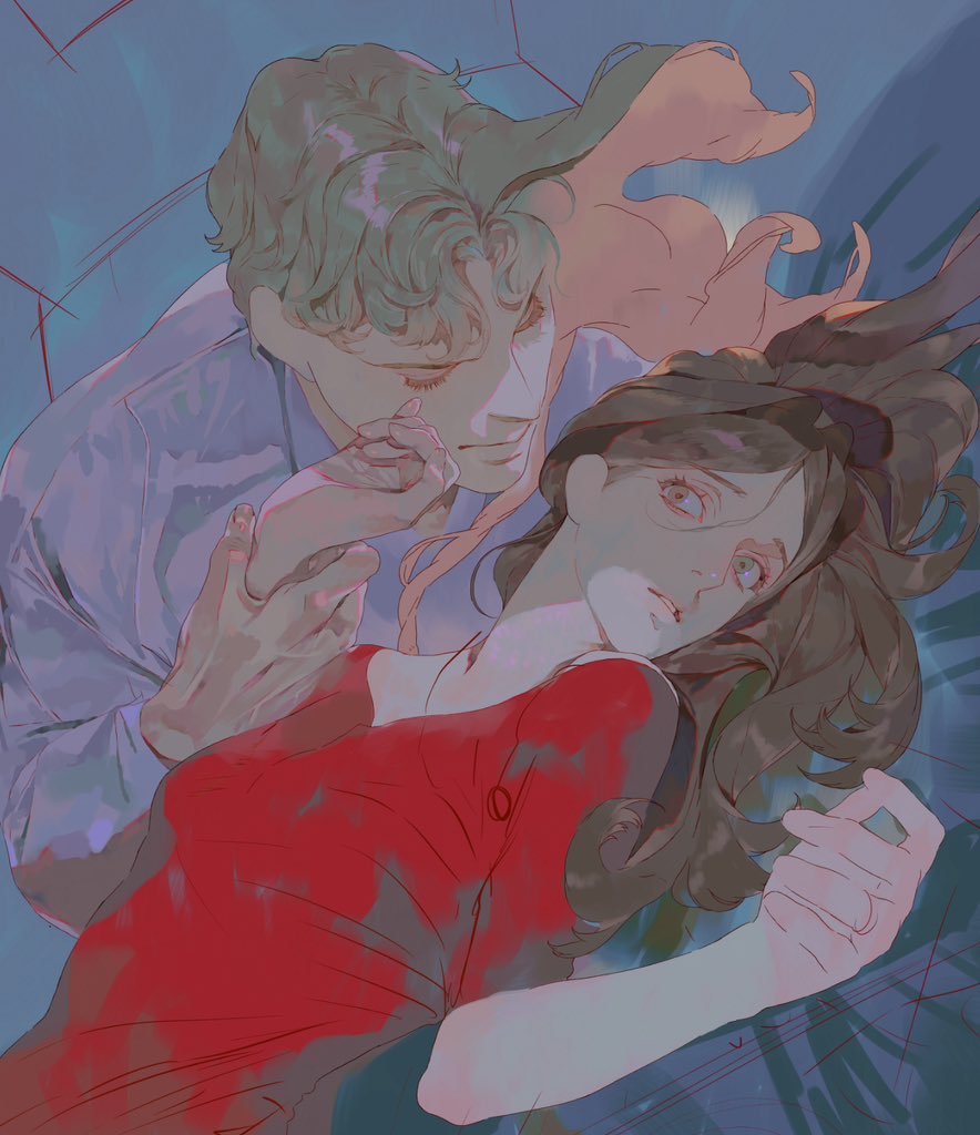 an illustration depicts a man and a woman lying down together. the woman, wearing a red dress with bloodstains, is lying on her back, looking up with pale skin and brown hair. the man, with green hair and a light blue shirt, is holding her hand, gazing down at her with a concerned expression. the overall style is stylized and artistic, with a romantic or possibly tragic feel.