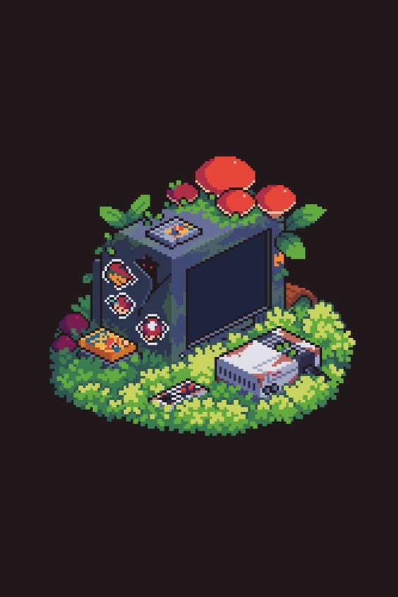 a pixel art image of a retro gaming setup, overgrown with plants and mushrooms, on a black background. the setup includes a crt tv, a console, a joystick, and game cartridges. the scene evokes a sense of nostalgia and the passage of time.