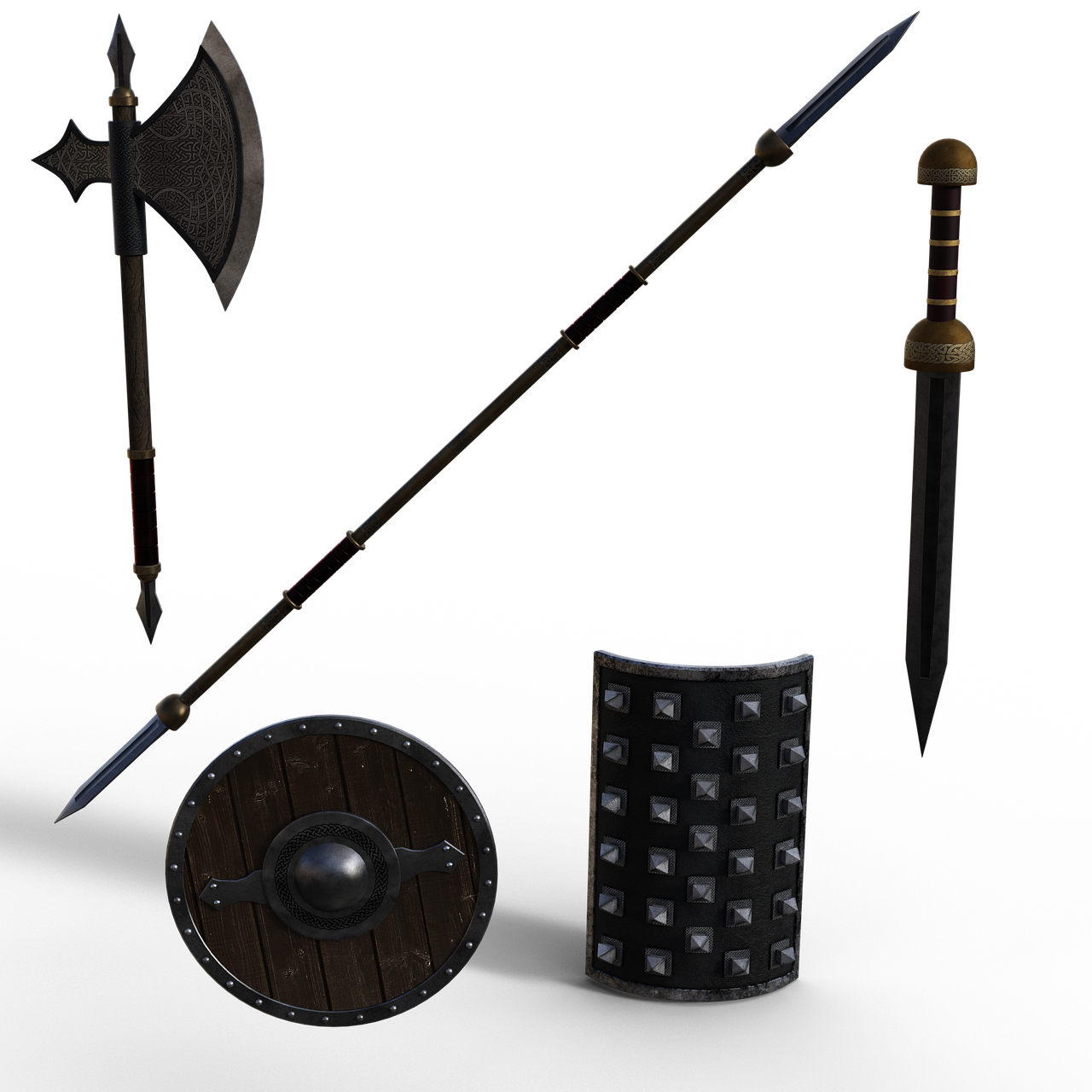 the image displays a collection of medieval weaponry against a black background. there is a battle axe, a long spear, a sword with a segmented handle, a round shield with a central metal boss, and a rectangular shield studded with metal pyramids.