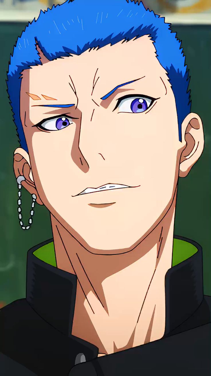 this is a closeup illustration of a young man with vibrant blue hair and piercing purple eyes. he has a determined expression on his face, with a hint of a smirk. he is wearing a black and green school uniformlike outfit and has a single earring dangling from his left ear. the background suggests a classroom setting. the overall style of the image is characteristic of anime and manga art.