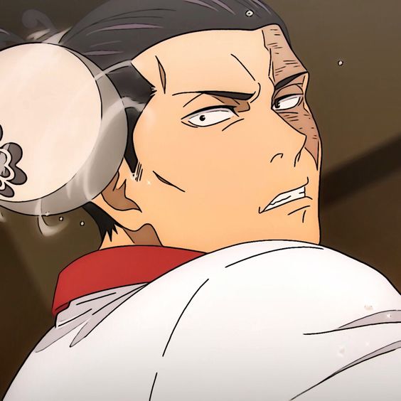 this is a closeup illustration of a man with slickedback dark hair and a burn scar on the right side of his face. he is wearing a white chef’s jacket with the sleeves pushed up and a red undershirt. the man is looking over his right shoulder with an angry expression. his brow is furrowed, and his mouth is slightly open. a flying white bowl with steam coming out of it is in motion to the left of his head. the background is a solid tan color.