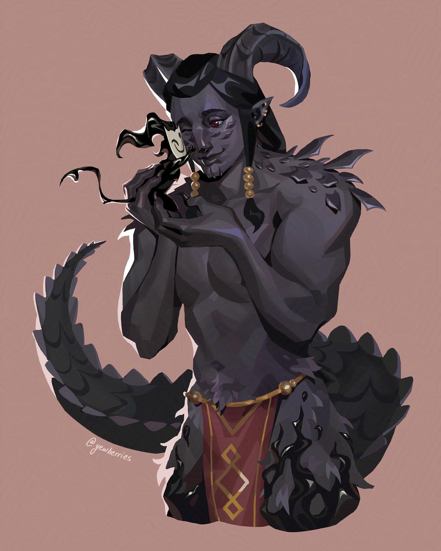 the image is a digital painting depicting a male humanoid character with reptilian features. he has dark skin, long black hair, horns on his head, a long dragonlike tail, and muscular physique.  he's wearing gold jewelry around his neck and a reddishmaroon garment around his waist. his expression is gentle as he holds a small, dark object—possibly a mask—close to his face. the overall style is dark fantasy, with a stylized and polished aesthetic. the background is a muted mauve color that contrasts with the character's dark hues. the artwork possesses a professional quality, likely created for portfolio purposes or similar use.