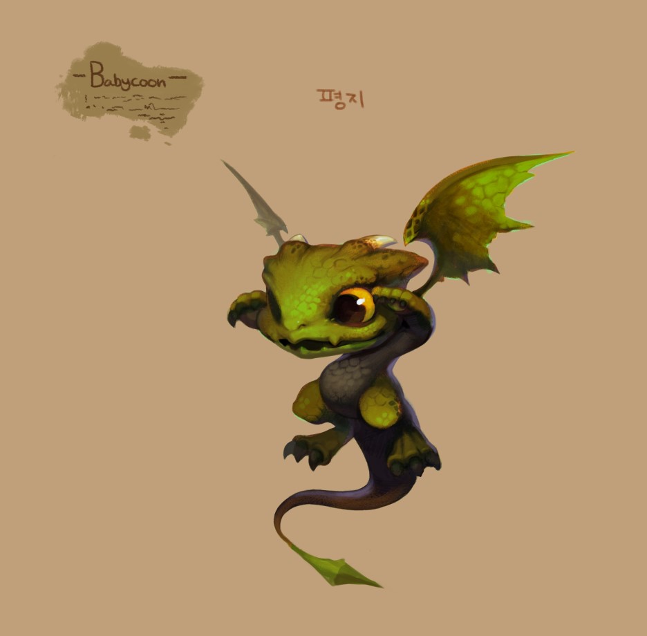 a digital illustration of a cute, baby dragon with large, green eyes and small wings. it has a predominantly green and yellow color scheme, with black accents on its claws and spines. the dragon appears to be hovering in midair, with a curious and playful expression. the background is a solid, tan color.