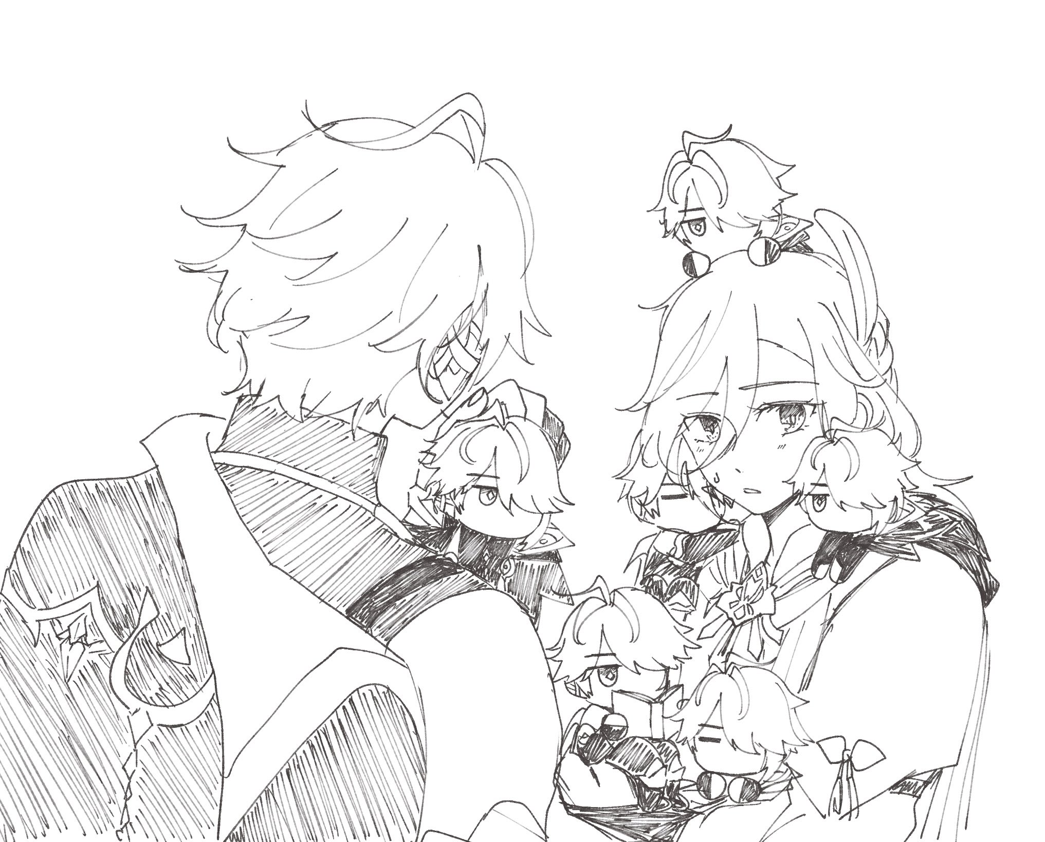 this is a black and white sketch of a group of anime characters. there is a tall man in the back with a bunch of smaller characters surrounding a woman in the front. there are two boys on the woman's shoulders, one of them is on the shoulder of a smaller child. there are three other kids in front of the woman. they all look very happy to be together. the man is looking away from the group with a soft smile on his face. the woman is looking down with a small smile. the children are all looking up at the woman with happy expressions. the drawing has a very soft and sweet feel to it. it is likely a drawing of family or friends and shows a lot of love and affection.