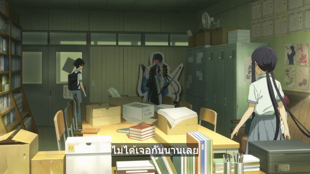 an anime scene set in a school classroom. two girls are in the room. one of the girls is wearing a white shirt and blue skirt, and the other girl is wearing a white shirt and a black skirt. the girl in the white shirt and blue skirt is standing by the desk, while the other girl is walking away from the desk. there are books, boxes, and a bookshelf in the classroom. there is a large poster of an anime character on the wall. the image looks like it was taken from a manga or anime. the dialogue in the image says "don't tell anyone."