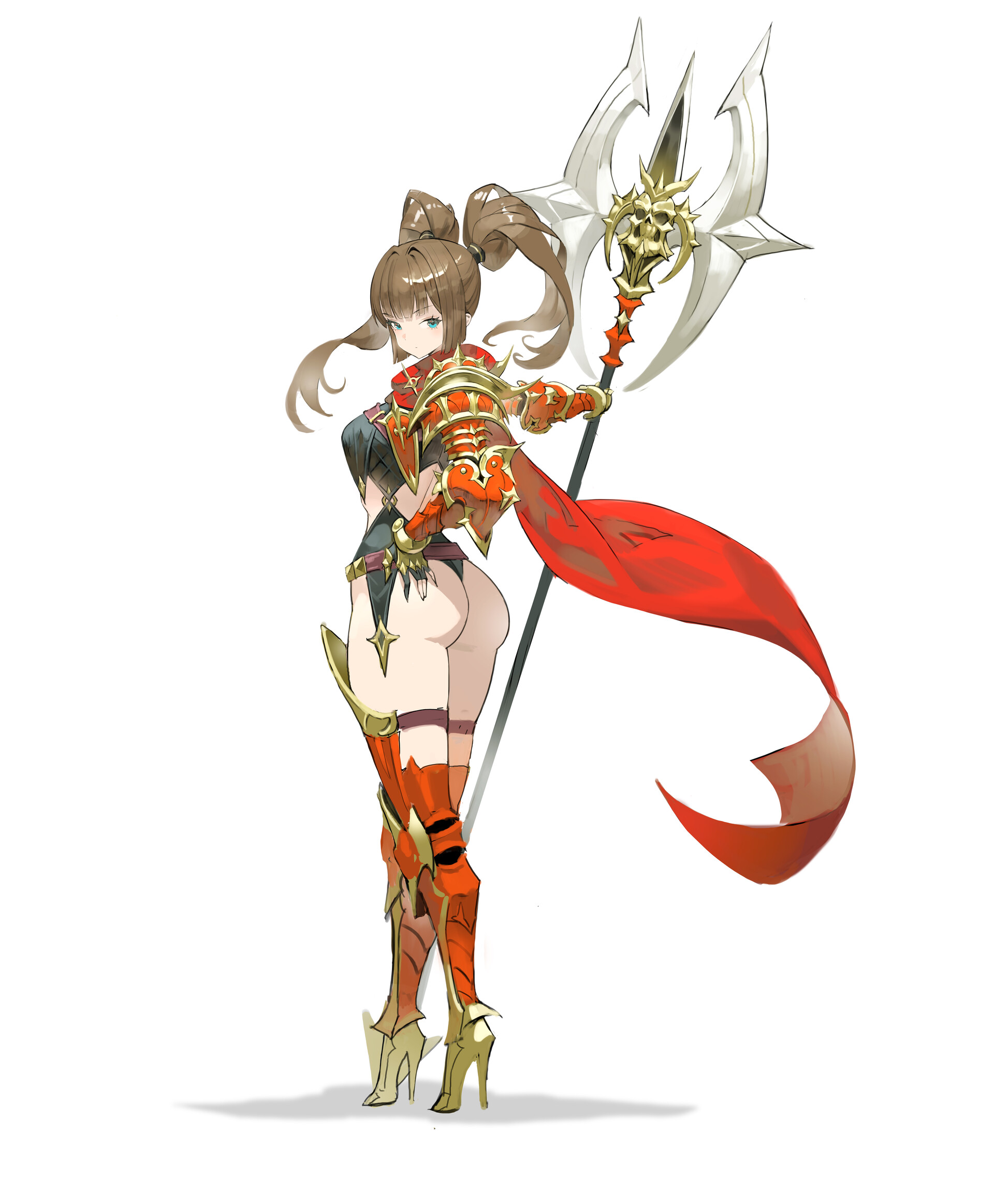 a fullbody illustration of a fantasy female character. the character is depicted from the rear, looking back over her shoulder towards the viewer. she has brown hair tied up in a style with some strands hanging down. she wears armor primarily in shades of orange and gold, with a small black top. a red cape flows from her shoulder. she wears thighhigh boots with high heels. she wields a long polearm with a trident head adorned with a golden skull. the background is plain white.
