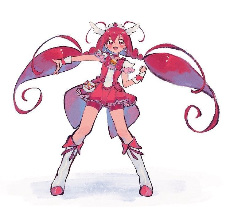the image is a digital fanart illustration of a magical girl, possibly inspired by the pretty cure franchise. she is characterized by her vibrant red and pink attire, long, swirling red hair, white boots, and a playful, energetic pose.  her outfit features frills, ribbons, and a heart motif.  the art style is reminiscent of both anime and watercolor painting, with soft blending and a slightly painterly texture. the overall mood is cheerful and sweet.