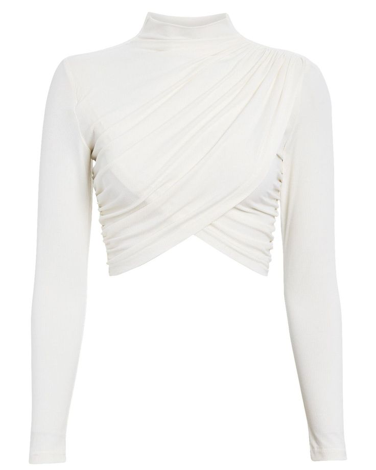 a white long sleeve crop top with a turtleneck and a draped design. it is fitted and has a casual, sexy, and elegant style. the top is suitable for women and can be used for various occasions.
