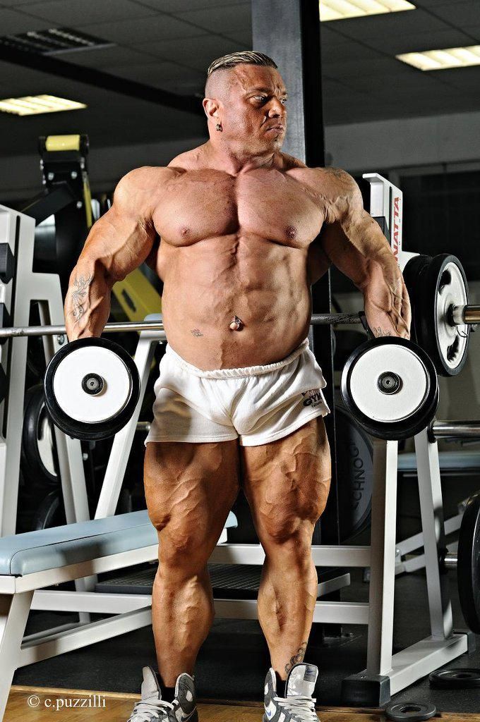 the image shows a muscular male bodybuilder in a gym setting. he is shirtless, wearing white shorts, and performing a dumbbell curl exercise. his physique is highly developed, showcasing significant muscle mass and definition, especially in his legs and thighs. the veins in his arms and legs are prominently visible.  the background shows various gym equipment, including a barbell and weight plates. the overall lighting and composition highlight the bodybuilder's physique. the photo appears to be professionally taken, possibly for a bodybuilding competition or fitness publication.