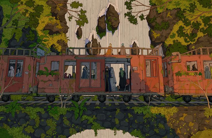 an old, rusty train is stopped on tracks in front of a large waterfall. the train is overgrown with vines and plants, and the windows are boarded up.  there are several passengers on board the train, some of whom are dressed in fantasy attire. the overall atmosphere of the image is one of mystery and adventure.