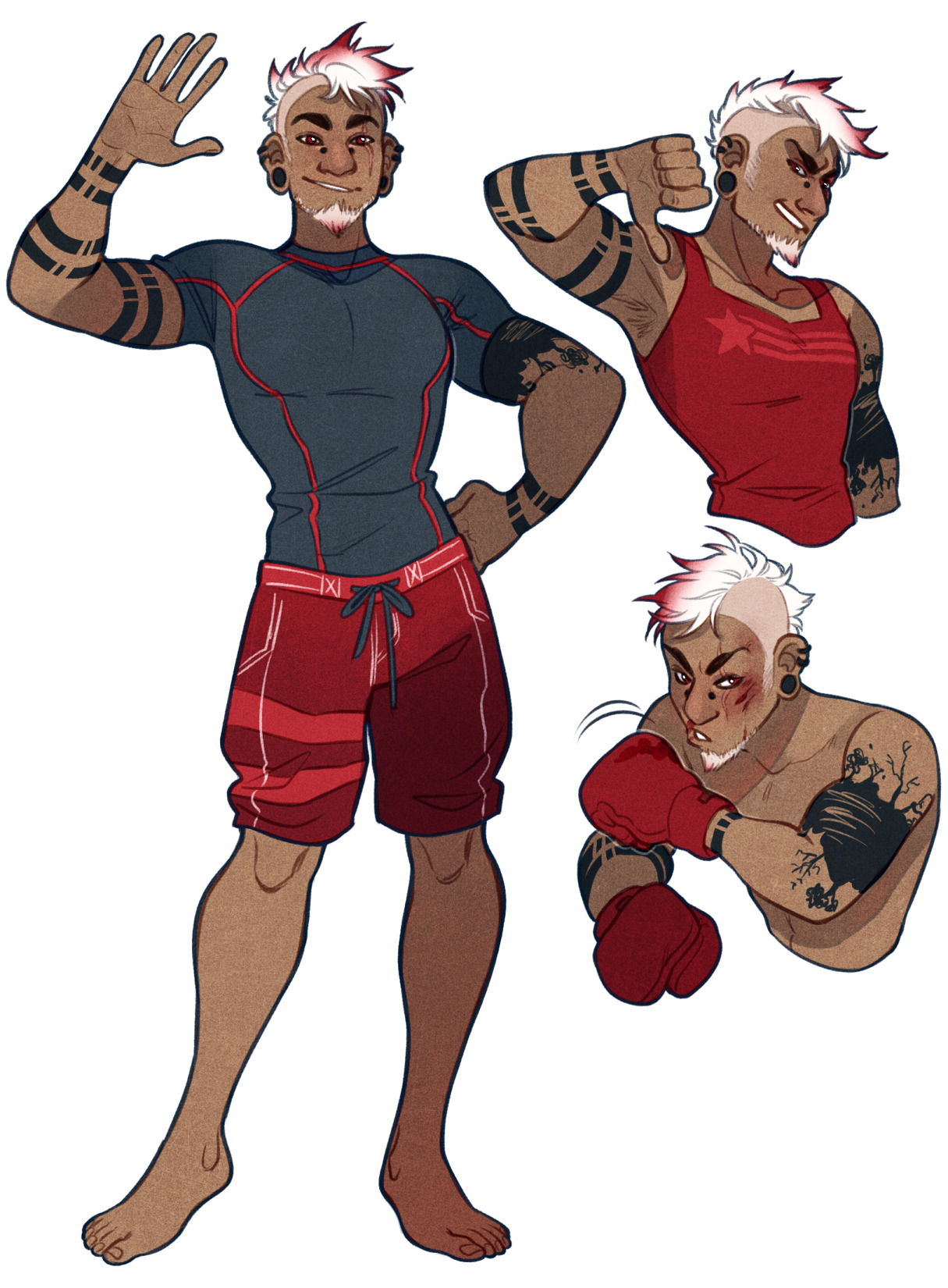 a digital drawing of a man in three poses. he's brownskinned and muscular, with red tipped, short white hair, and brown eyes. he has tribal tattoos on his arms and chest. he is wearing a rash guard and swim trunks in the first image, a tank top in the second, and is shirtless in the third. he is waving in the first image, giving a thumbs down in the second, and throwing a punch in the third.