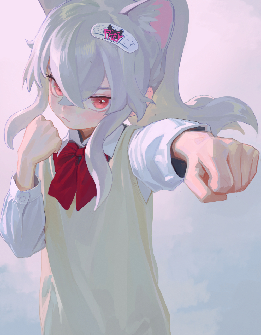 a digital anime illustration depicts a young girl with white hair and red eyes in a fighting stance. she has cat ears and a hair clip in her hair. she wears a school uniform consisting of a white shirt, a tan vest, and a red bow tie. she is punching towards the viewer. the background is light pink and blue.